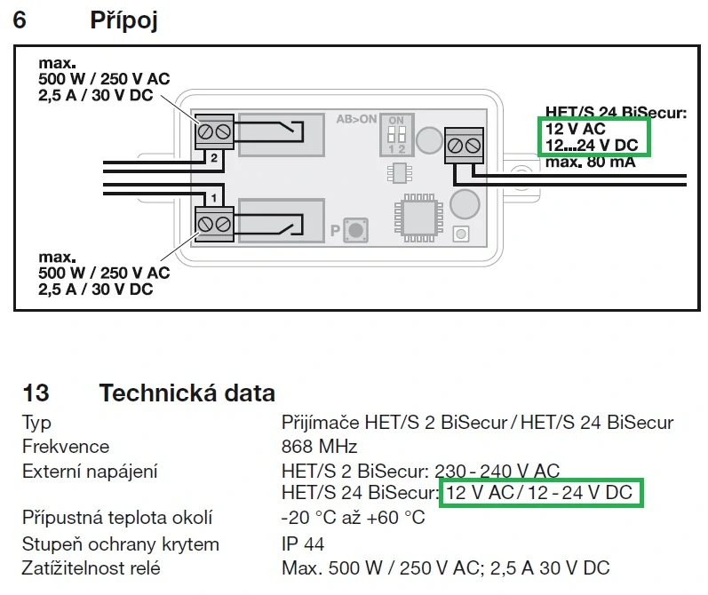 Přijímač Hörmann BiSecur HET/S 24 BS - 868 MHz pro dálkové ovládání BiSecur